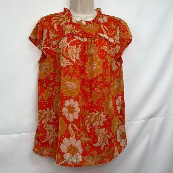 Joie Orange Fall Floral short sleeve Blouse with metallic accents size large EUC - Picture 1 of 11
